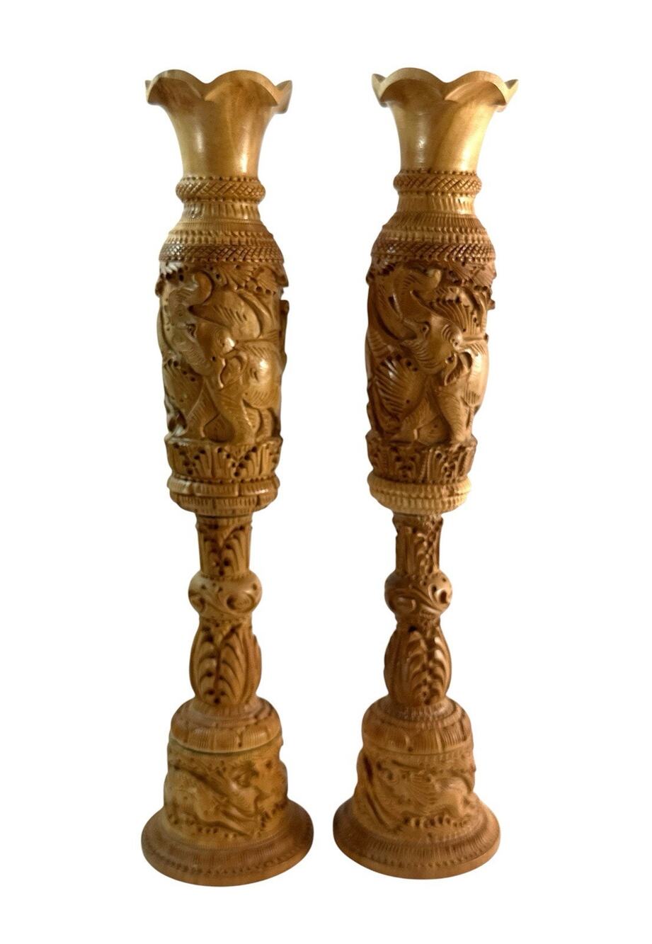 Pair Vintage Hand Carved Wood Vases Elephant Bird Floral Décor 11”